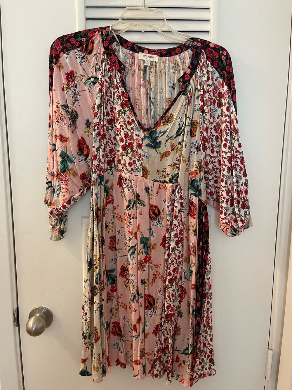 Umgee Floral Patchwork Dress in Pink and Cream